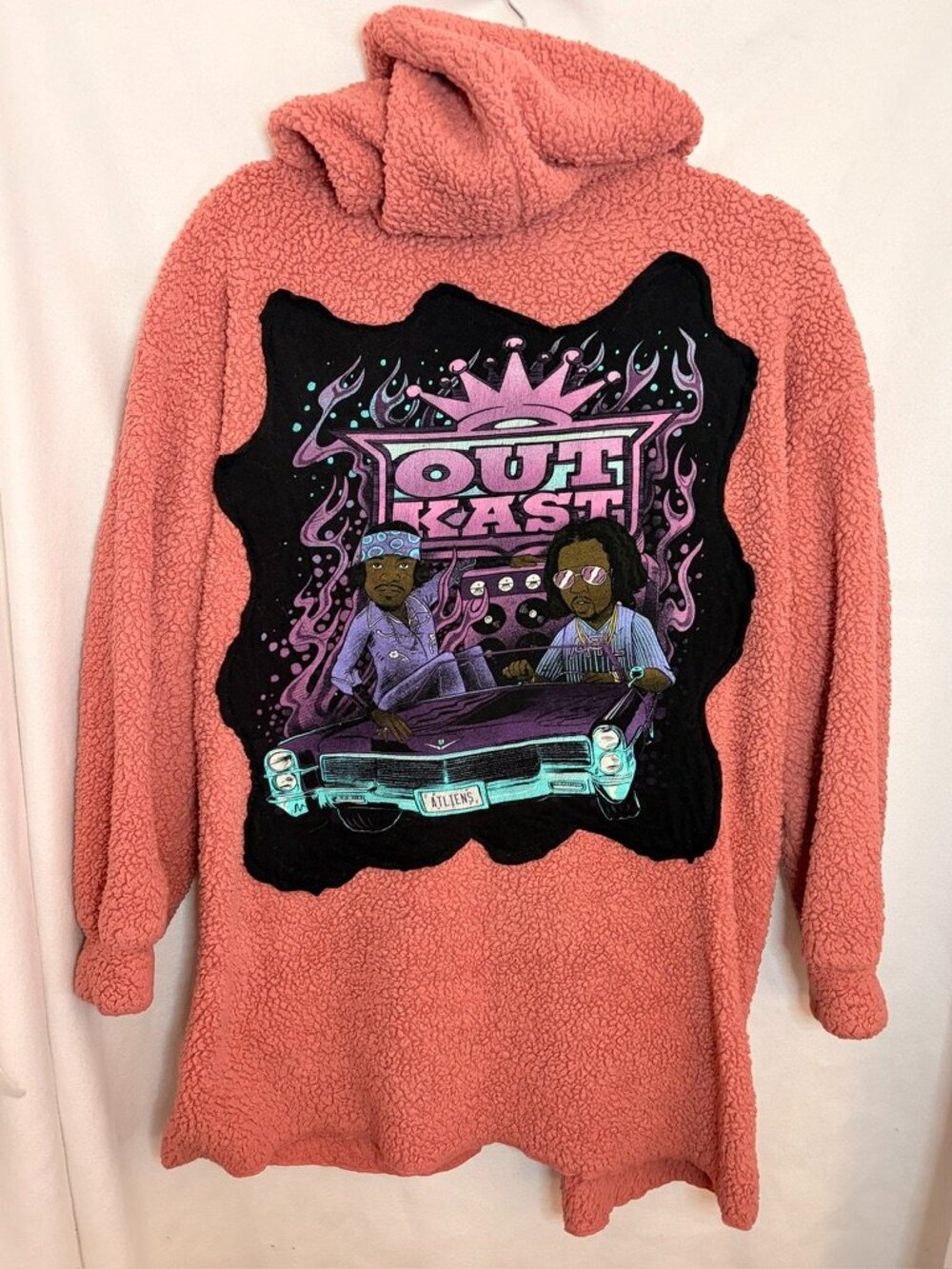 Pink fleece sherpa open hoodie vintage OutKast ATLiens, rap hip-hop, oversized M